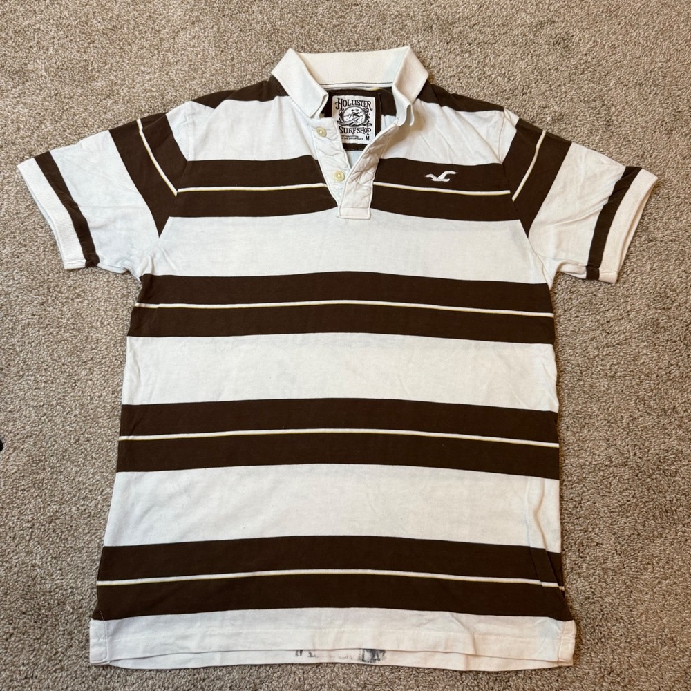 Hollister Polo Shirt Women M Brown White Striped Short Sleeve Cotton Surf Shop